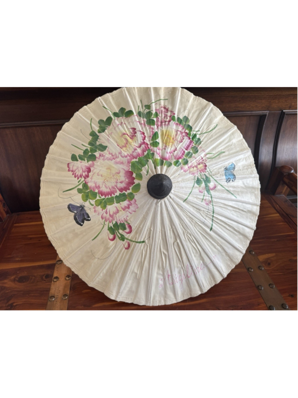 Vintage Thailand Hand Painted Paper Parasol 22” Floral Butterfly Decor